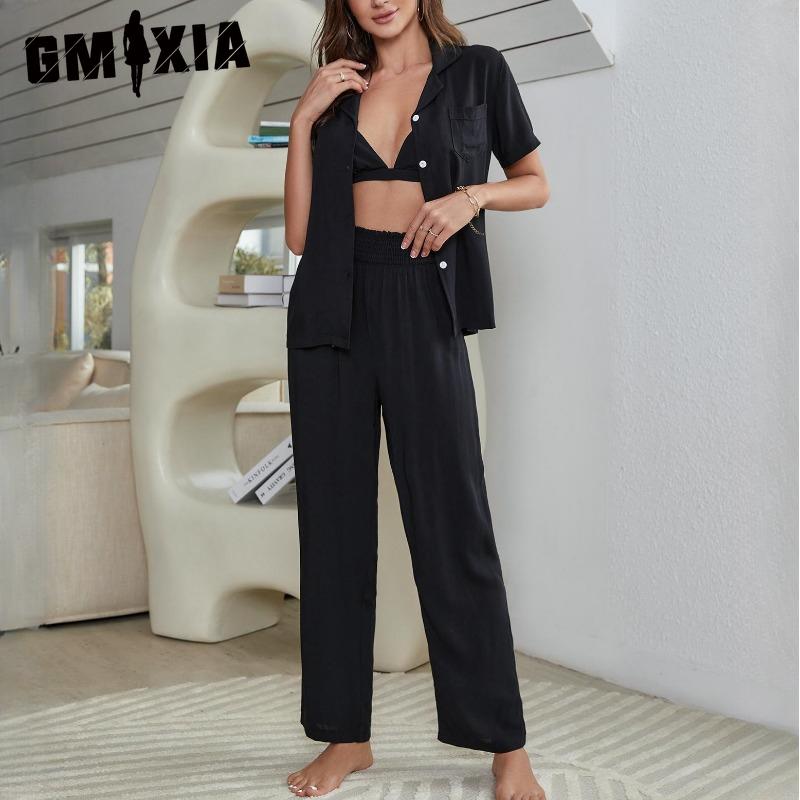 

GMXIA Pajamas Women s Summer Thin Solid-coloured Underwear Short-sleeved Trousers Three-piece Set of Homewear XL синій