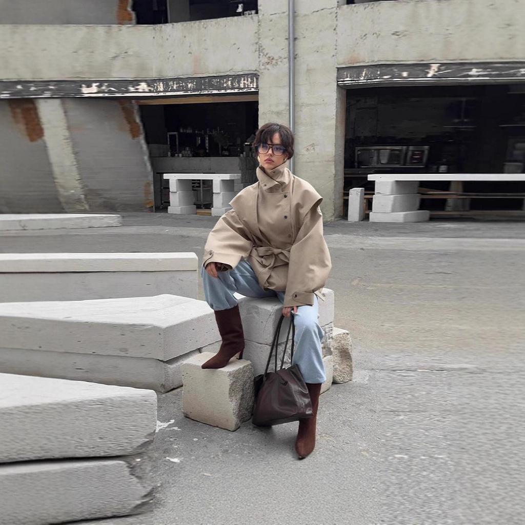 In Stock - New Elegant Khaki Autumn Trench Coat with Stand-Up Collar & Belted Waist