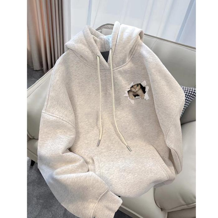 Chinese cotton American sweet cool white gray hooded sweater women s winter fleece thickened loose Maillard jacket 2XL