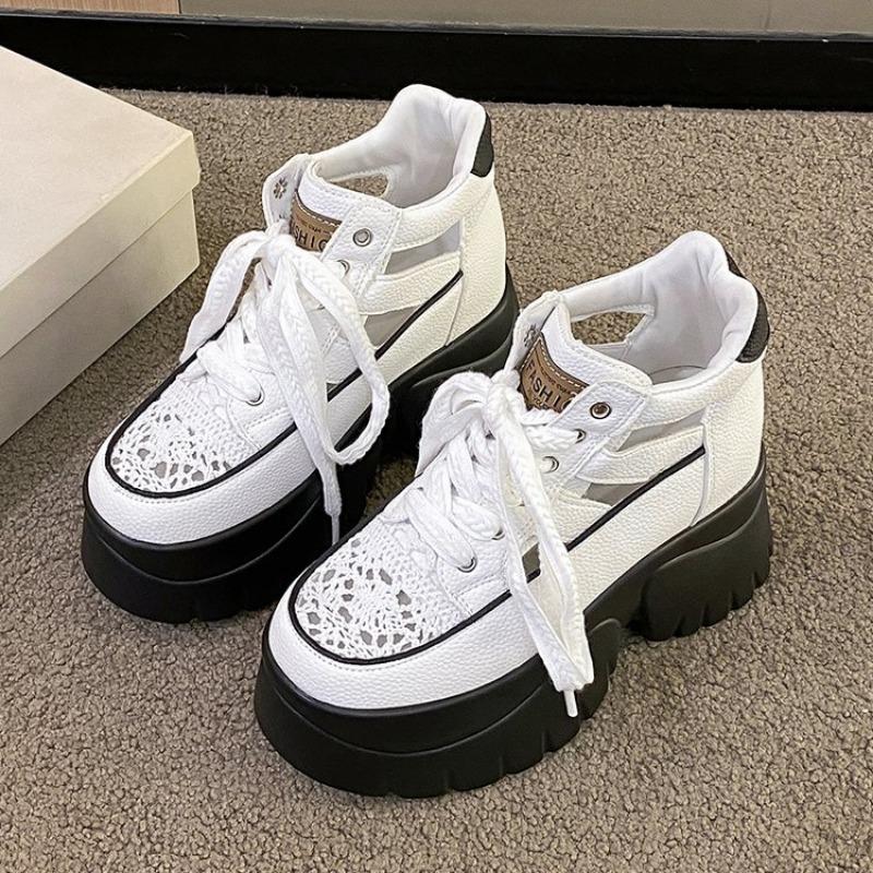 Fashion Autumn New Coarse Heel Shoes Women's Round Head Splicing Hollow Breathable Front Lacing Thick Sole Anti-slip Low-top Shoes