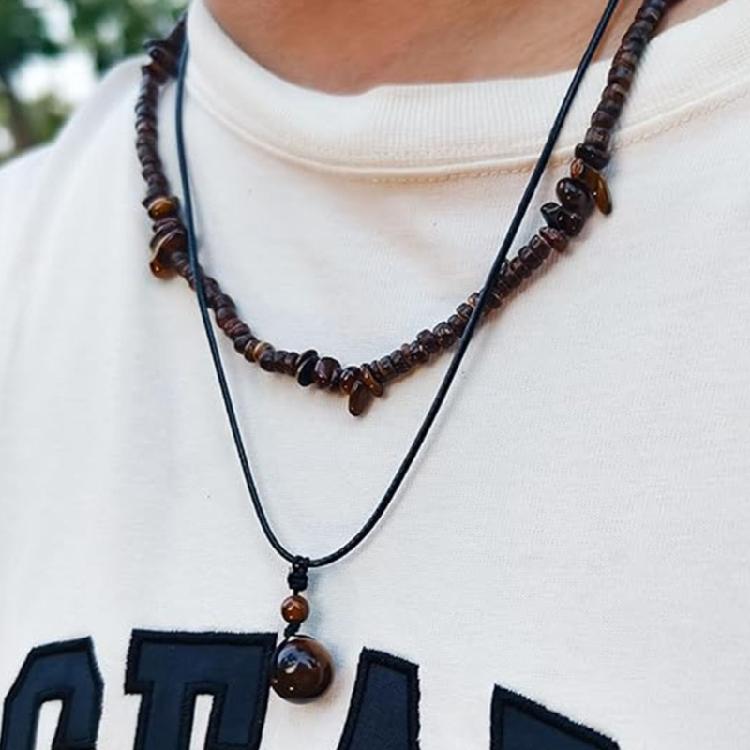 2Pcs Ethnic Layering Beaded Necklace Set Adjustable Leather Cord Jewelry With Natural Stones Holiday Gift For Adults