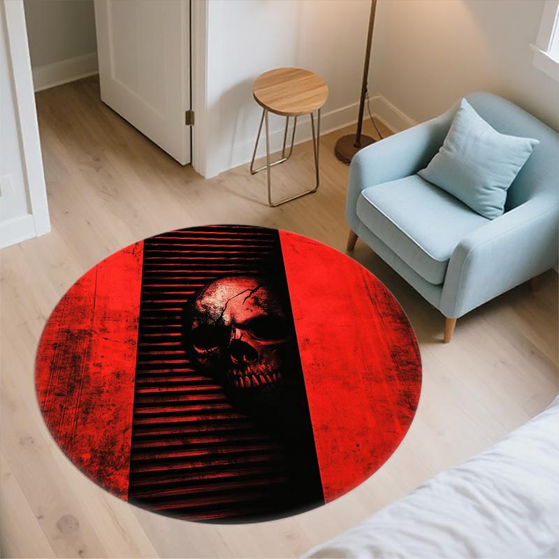 Red and Black Skull,Round Area Rug,Carpet Rug for Living Room Bedroom Sofa Playroom Decor,Non-slip Floor Mat