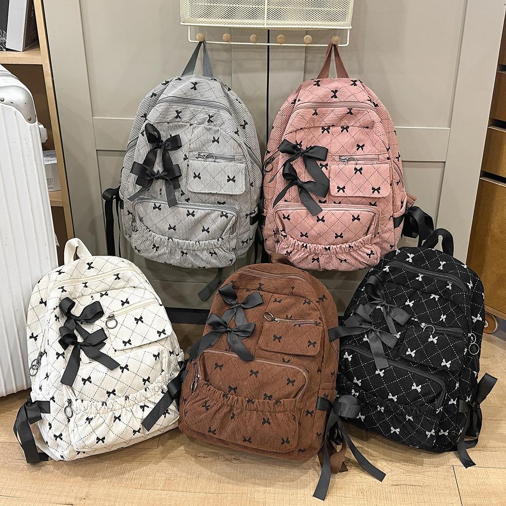 New Corduroy Casual Cute Fashion Versatile Bow Stripe Backpack Korean Style High Appearance Student Bookbag