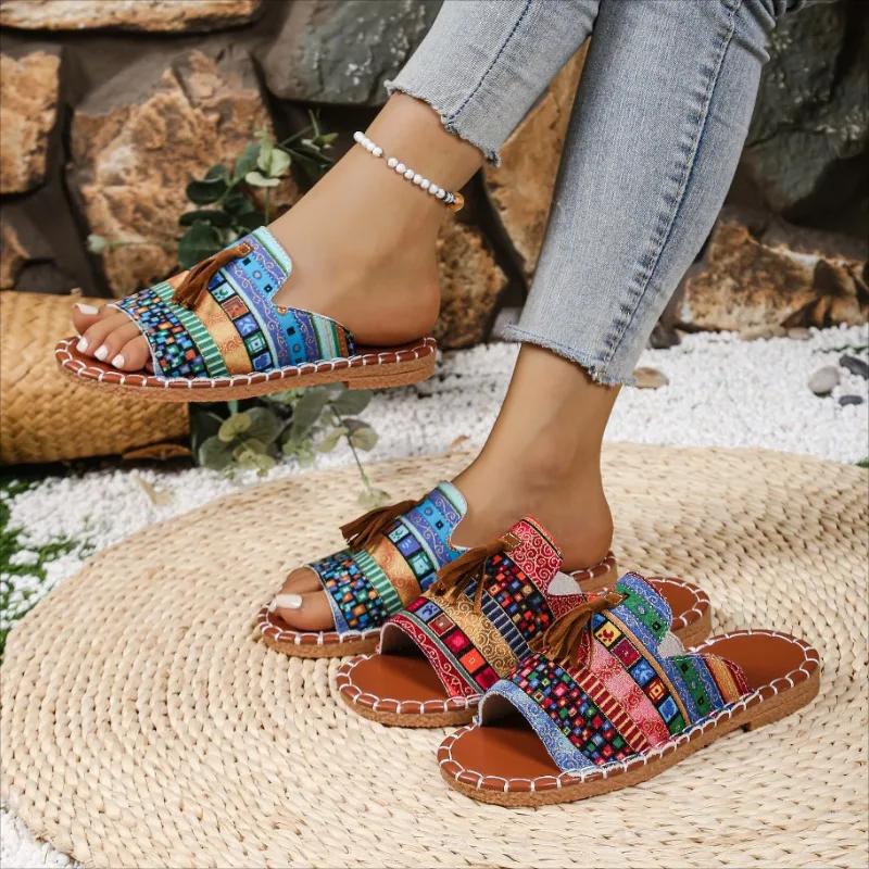 Fashion Women 2025 Summer Tassels Decor Beach Slippers New Bohemia Style Print Flat Sandals Outdoor Elegant Slippers Women Slides Women
