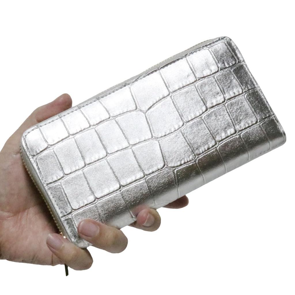 Bercute Silver Embossed Crocodile Leather Long Wallet for Men and Genuine Crocodile Alligator Round Large Popular Women, Leather, Leather, Leather,