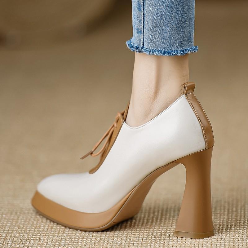 2025 New Color Matching Single Shoes Women's Autumn and Winter Pointed High Heels Thick Heel Trend Design Sense Lace-up Small Leather Shoes Women