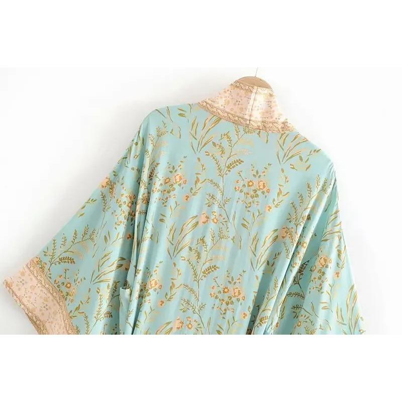 Moda Donna Stampa Floreale Verde Manica a Pipistrello Rayon Spiaggia Boemo Kimono Scollo a V Da Donna Robe Boho