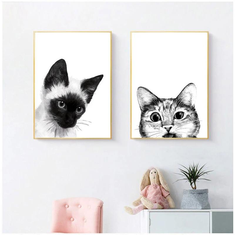 Funny Kitty Cat Black White Kids Nordic Posters And Prints Wall Art Canvas Painting Wall Pictures For Living Room Salon Decor