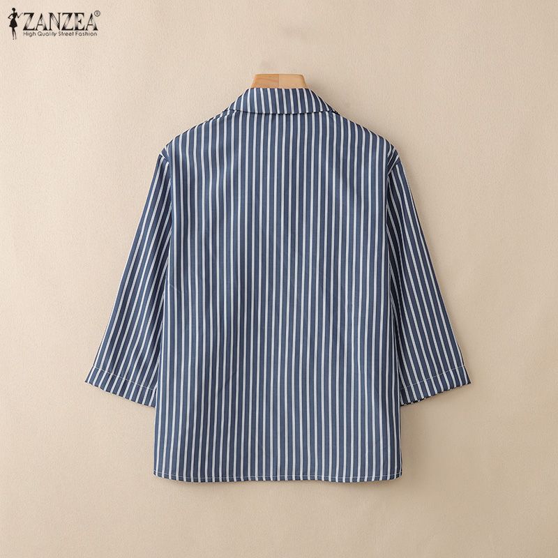 ZANZEA Women Casual Turn Down Collar Stripe Print Loose 3/4 Sleeve Blouse