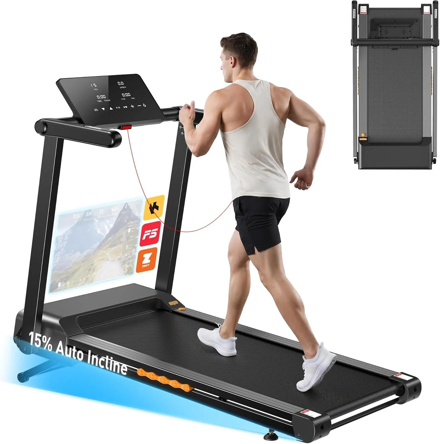 Tapis de course domestique JAGJOG JT60, Pliable, 3,5 CV, 14 km/h, Inclinaison automatique de 15%, Équipement de fitness noir