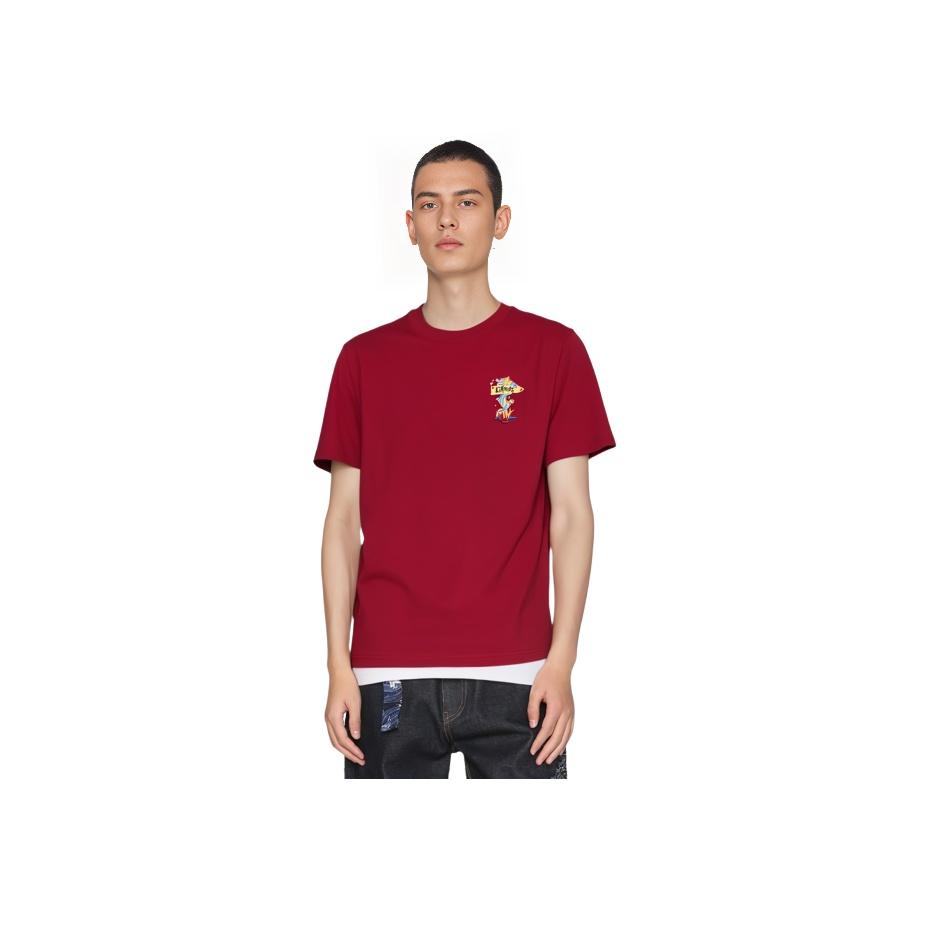 Li-Ning Embroidered Pattern Crew Neck Pullover Short Sleeve T-Shirt Men Tops Samba-Red AHSU009-5