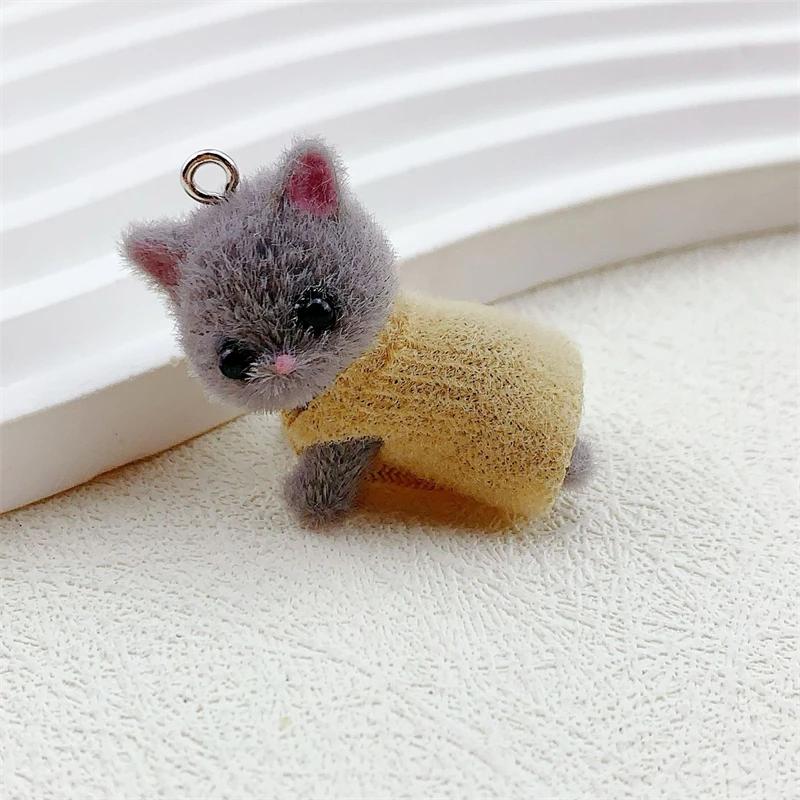 Dress Cat Pendant Cute 3D Hairy Flocking Animal Cat Charms Miniature Dolls Keychain Necklace Pendant DIY Crafts Jewelry Make