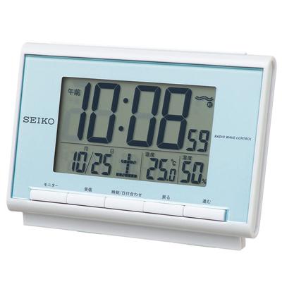 Relógio Seiko Relógio Despertador Rádio Calendário Digital Temperatura Umidade Display Azul Claro Pérola SQ698L SEIKO