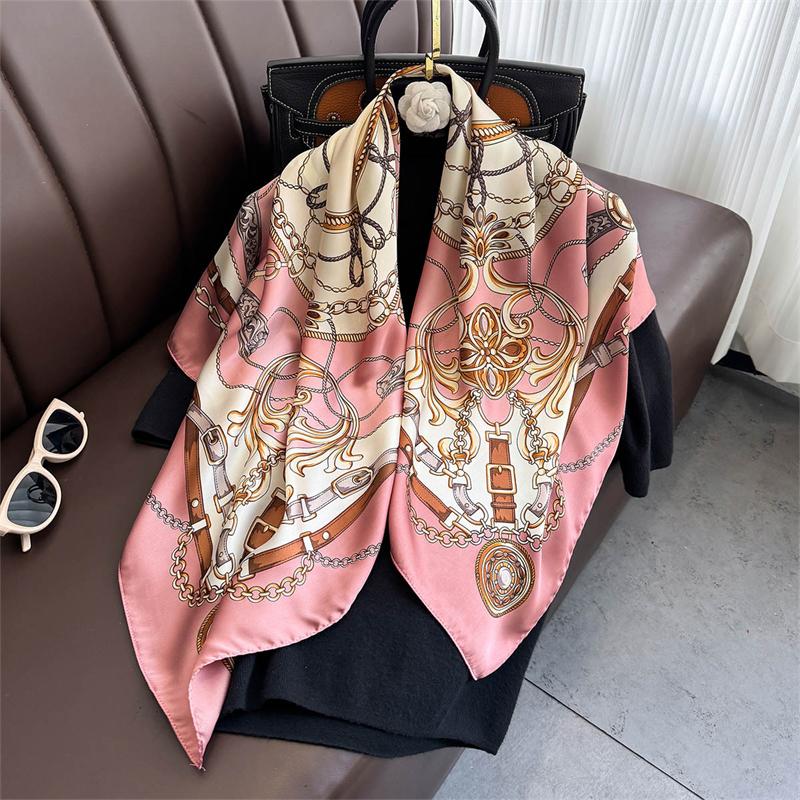 Neues 90*90 Cm Retro Marke Damen Seidenschal Bandana Mode Böhmisch Karomuster Hijab Dame Wickeltuch Stirnband Schal 90cmX90cm white