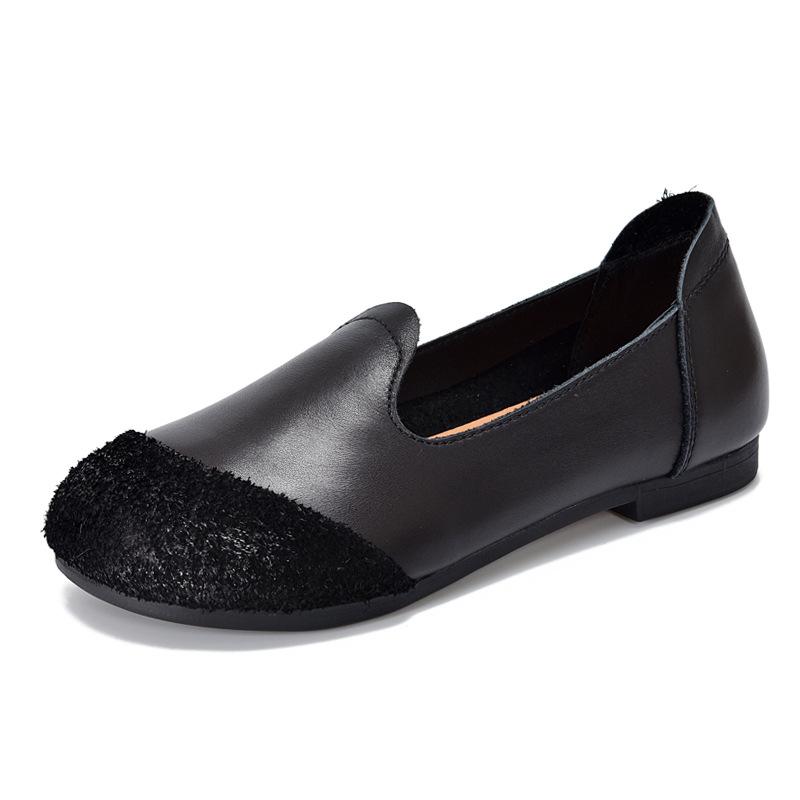 Johnature Versatile Retro Women's Slip-on Shoes Genuine Leather Round Toe Shallow Soft Soled Flat Shoes