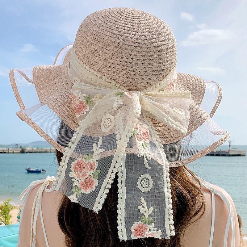 Flower Ribbon Sun Hat For Women's New Seaside Vacation Sweet Lace Sun Hat Summer Big Brim Straw Hat