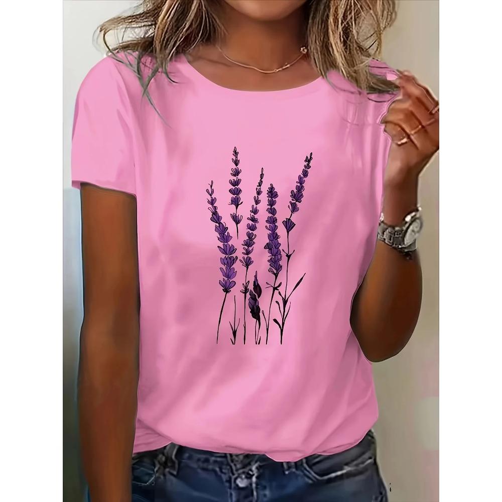 Women's Summer Casual Lavender Floral Print T-Shirt - Korean-Inspired Round Neck Short Sleeve Top Lavender Blouses