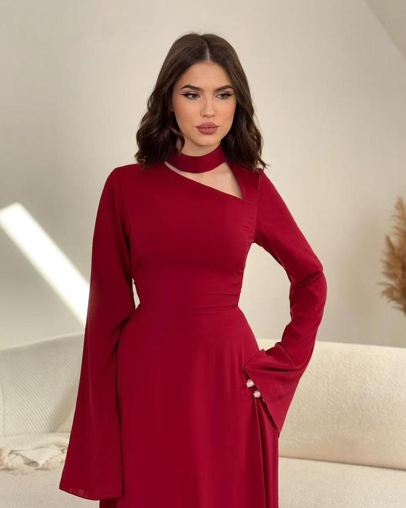 European & American Solid Color Long-Sleeved Slimming Dress for Spring/Autumn