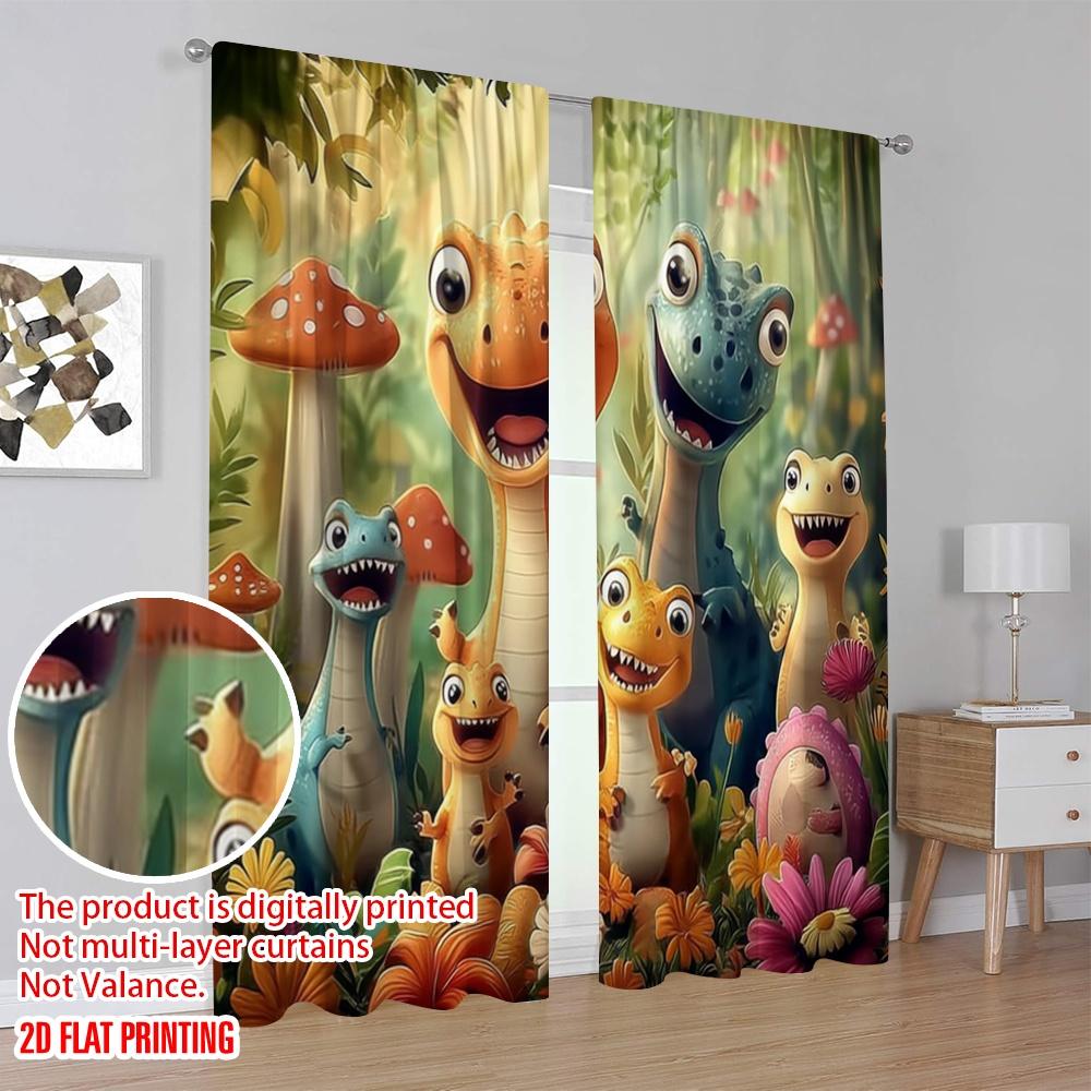 2pcs,2D Plane Printing Curtain Fabric Dinosaur Friends Versatile Polyester Fabric (without Rod) Gifts Use for Living Room,