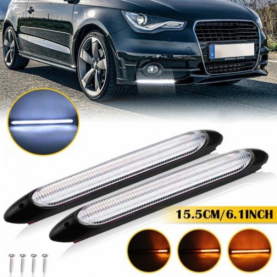 2X LED Switchback DRL Tube Light Strip Amber White Sequential Flow Turn Signal 15.5cm