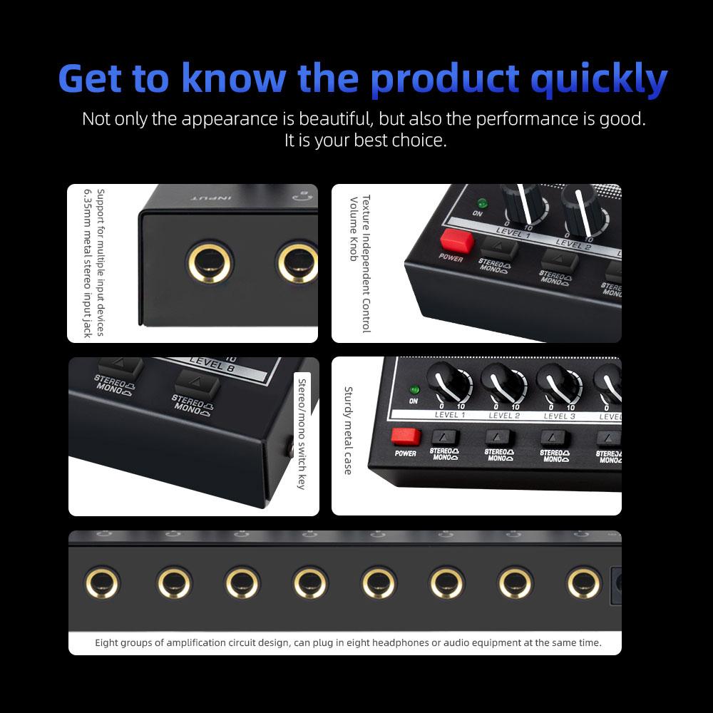 8 Channels Mini Headphone Amplifier Ultra-Compact Stereo Audio Amplifier with Power Adapter Earphone Splitter