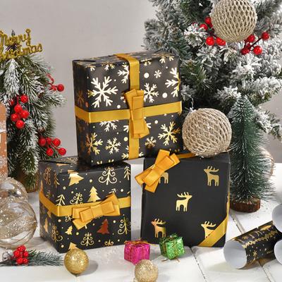 Noel Ters Çevrilebilir Hediye Paketleme Kağıdı Rulosu Siyah Altın Folyo Noel Ağacı Kar Taneciği Geyik Tasarımı Hediye