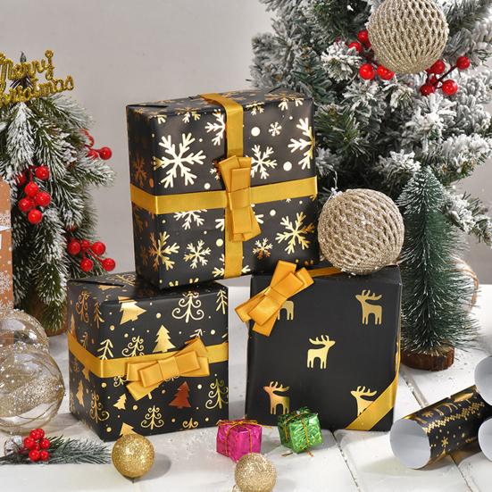 Christmas Reversible Wrapping Paper Roll Black Gold Foil Christmas Tree Snowflake Reindeer Design Gift Wrap Paper 17" x 190" Jumbo Roll for
