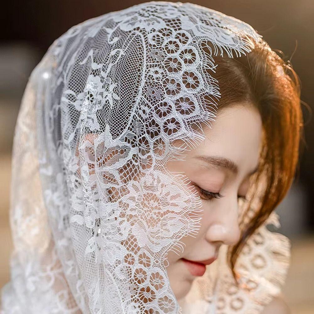 Lace Trim Bridal Headscarf Breathable Lace Shawl Soft Muslin Head Covering  Chapel Event