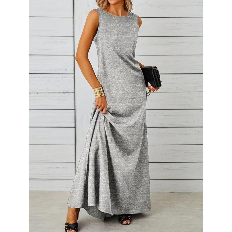 Spring and Summer Elegant and Pure-colored Round-neck Short-sleeved Resort-style Women's Dresses