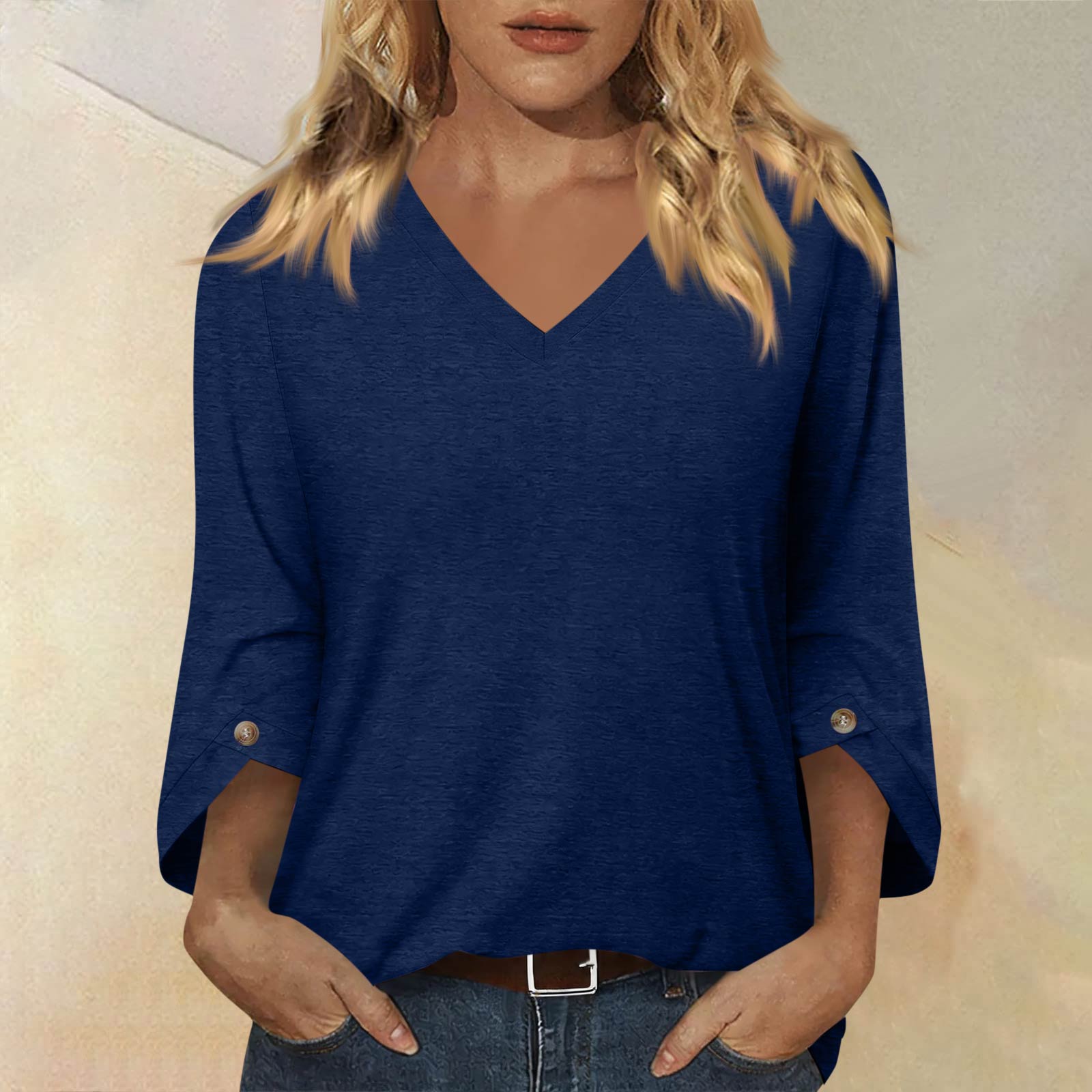 

Women V Neck Three Quarter Sleeve Casual Loose Fit Top Lightweight Pullover Basic Solid T Shirt for Everyday Wear XXL