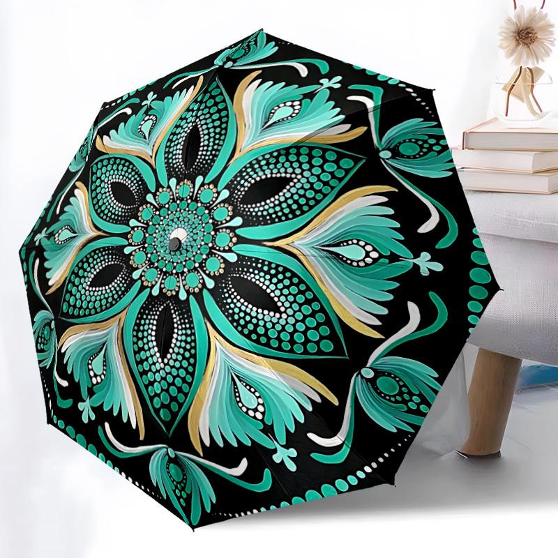 1pc Floral Mandala Automatic Folding Umbrella - Design, Durable Iron Frame for Travel, Outdoor, Beach Fashion Accessory a0920051