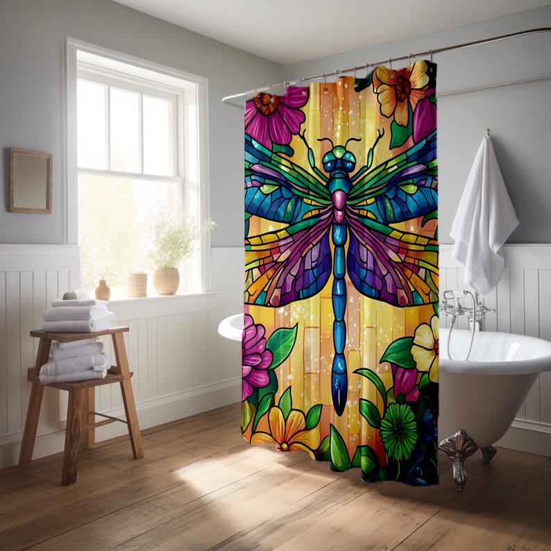 Dragonfly Shower Curtain, Stained Glass Design Bath Curtain, Waterproof Fabric Bathroom Decor, Colorful Floral Art