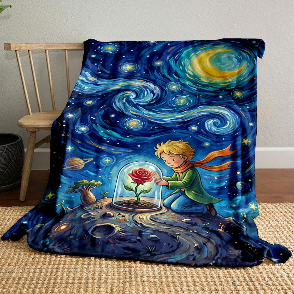 A swirling starry night sky with a rose under a glass dome on a planet. for all seasons blanket lunch break throw gift