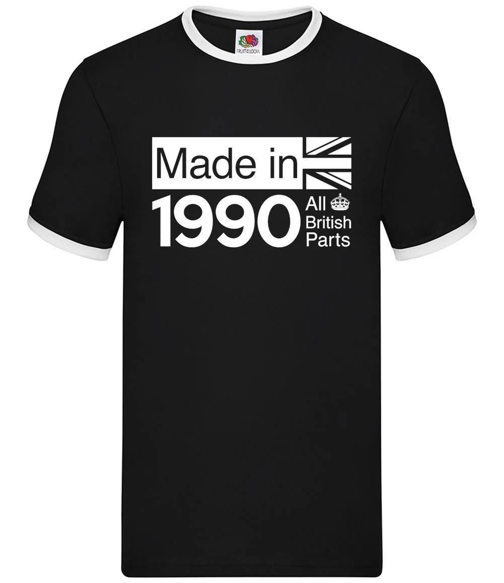 Made In 1990 All British Parts Crown - Mens Ringer - 34th Birthday Gift Present S
