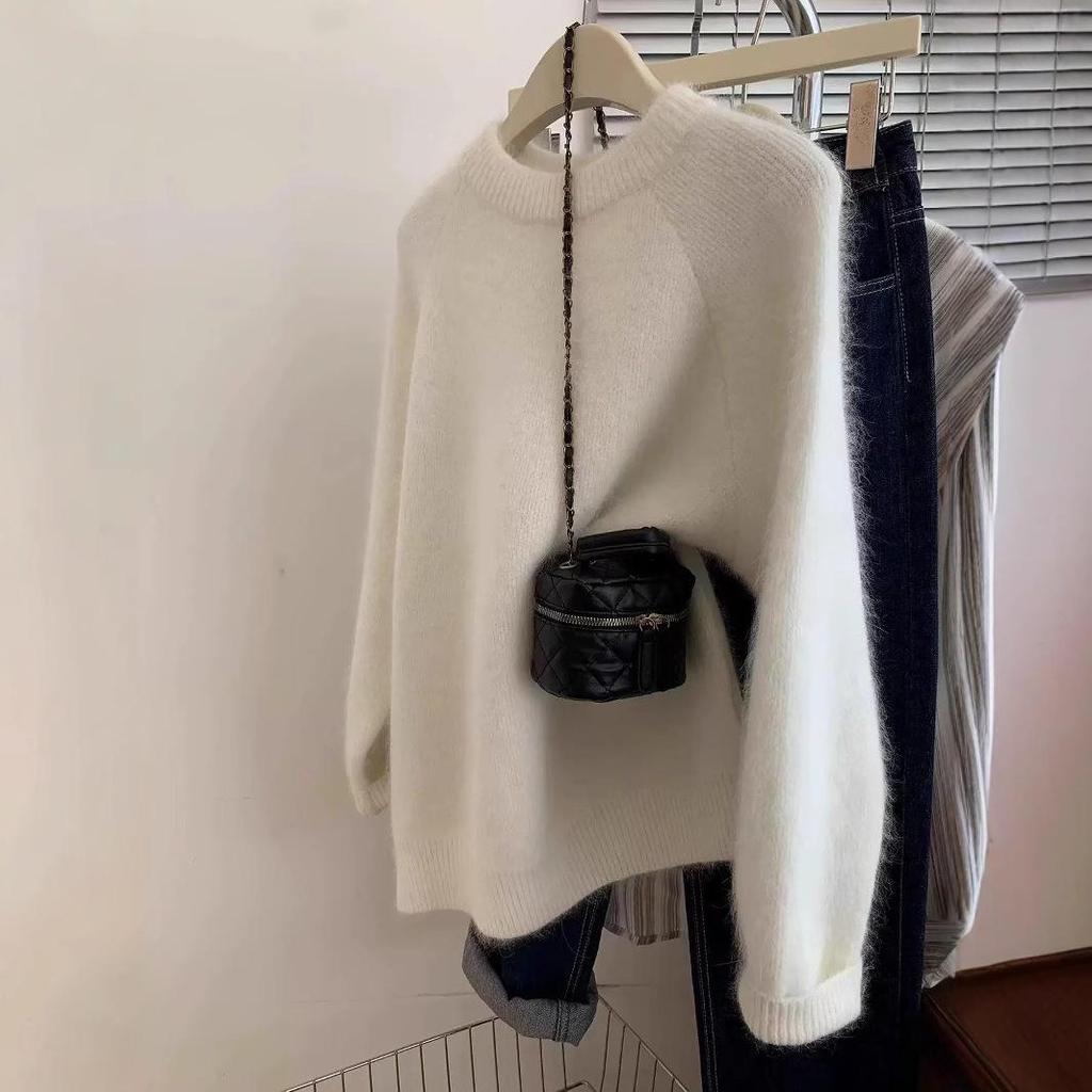 2025 Winter European Women's Pink Cashmere Blend Raglan Sleeve Loose Sweater