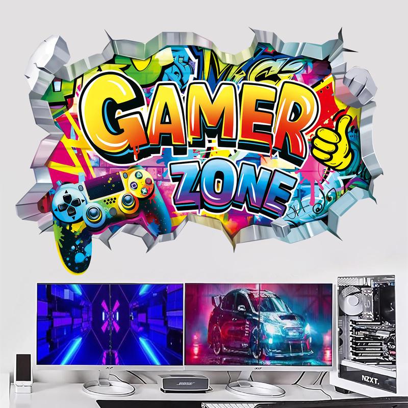 Poster di Gioco più Grande Buco nel Muro 3D Arte Fresca Zona Gamer Adesivi Murali in Vinile per Controller di Gioco Decorazione per Casa Camera dei Bambini Stanze da Gioco