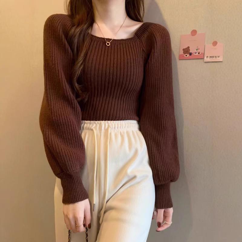 Herbst Winter Französischer Quadratischer Ausschnitt Puffärmel Design Nische Layer Wear Quadratischer Ausschnitt Strick Basic Layer Pullover Damen Top