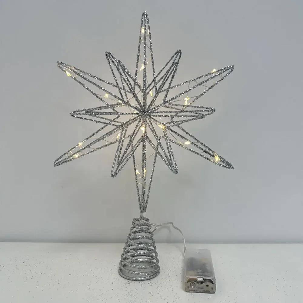 Star Tree Topper Ornament 30cm with LED String Lights for Christmas New Year Festival Party Home Decoration