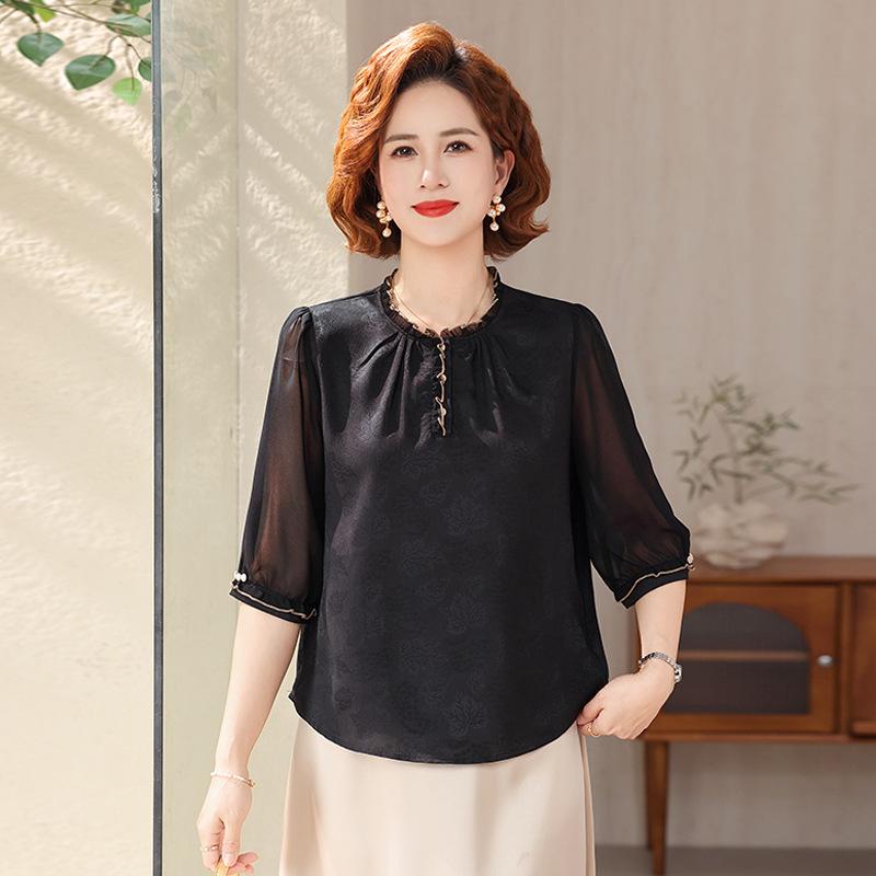 

Elegant Summer Chiffon Blouse for Mother s: 2026 New Style Three-Quarter Sleeve T-Shirt for Middle-Aged and Elderly Women L (recommended 80-100 jin) чёрный