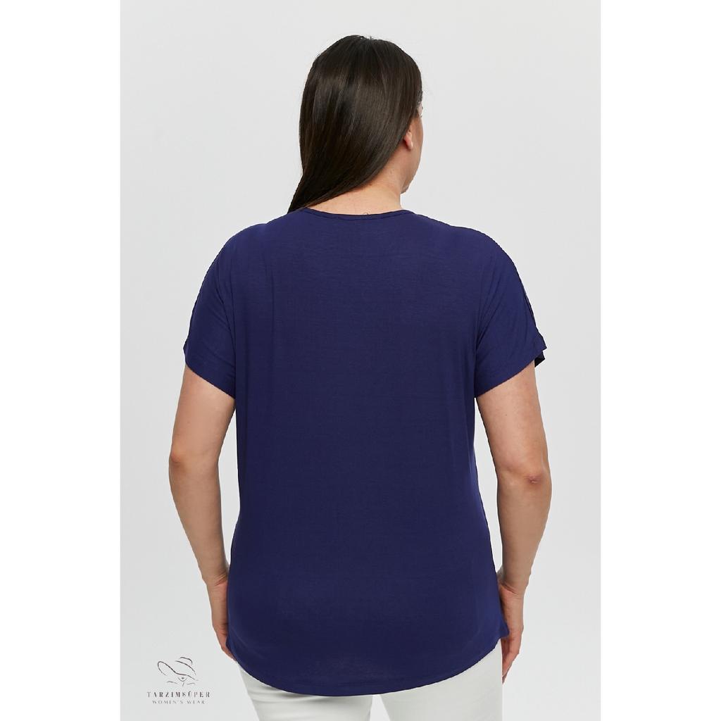 Large Size New Season Casual Comfort Model Stripe Sequin Patterned Short Sleeve V-neck Combed Cotton Tunic T-shirt