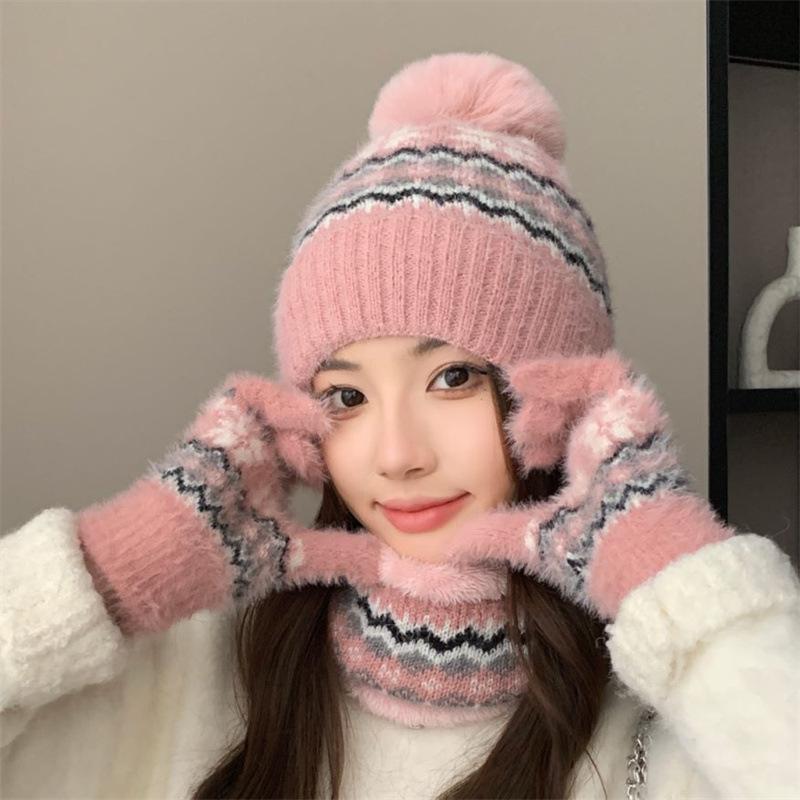 Wool hat women's autumn and winter new plush warm hairball pullover hat ear protector knitted hat scarf gloves