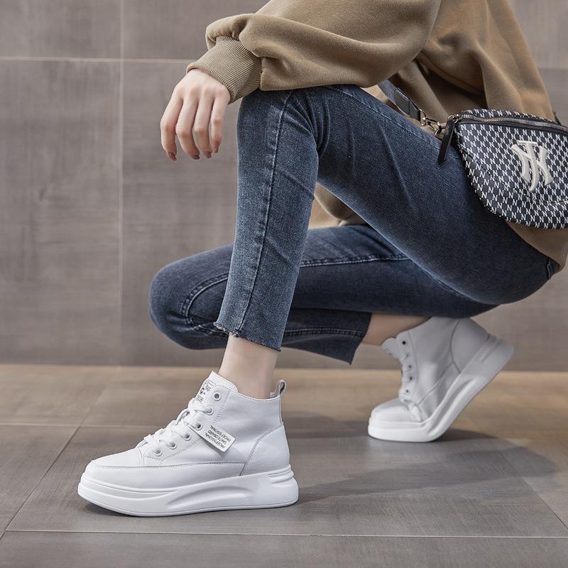 Genuine Leather High-top Shoes Women's Shoes Thick Bottom Casual White Shoes