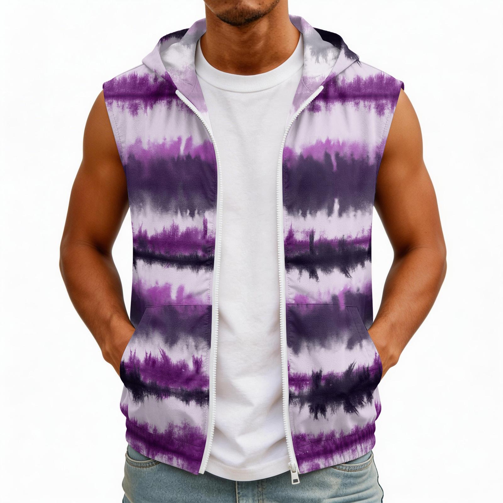

Men Sleeveless Hooded Sun Protection Top Lightweight Water Ink Print Pocketed Sun Protective Vest for Outdoor Activities S