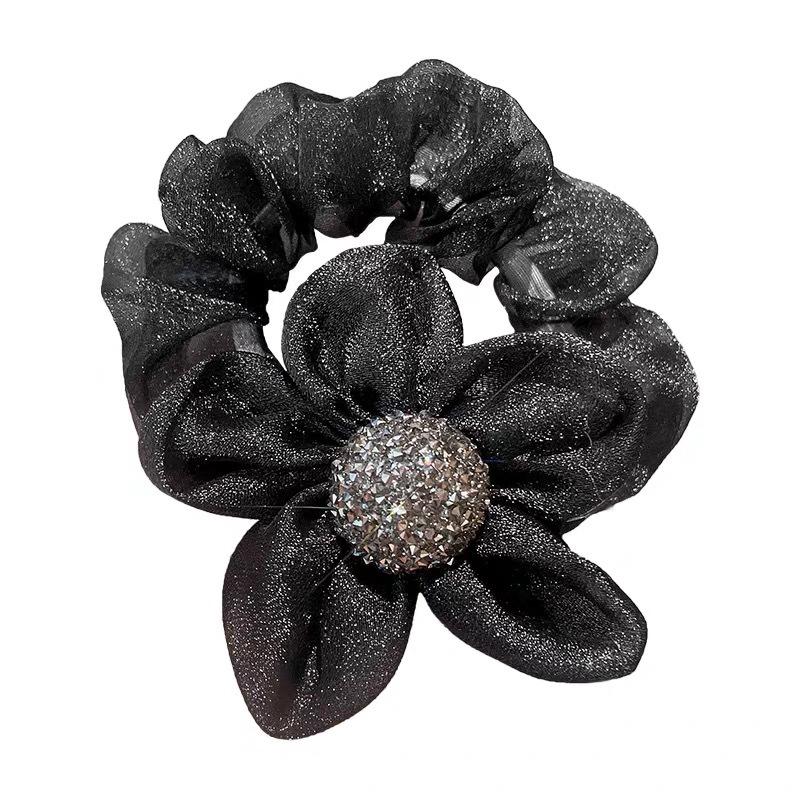 Korean Light Luxury Rhinestone Sunflower Mesh Scrunchie - Organza Elastic Hair Accessory for Women