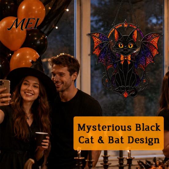 Lightweight Hanging Ornament Halloween Bat Cat Suncatcher, Stained Glass Style Acrylic Sun Catcher, Gothic Festival Atmosphere Display Black for Home