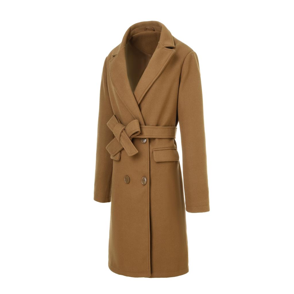 European, American Autumn and Winter Street Woolen Long Women's Coat Belt Double-breasted Lapel Tie-up Women's Coat