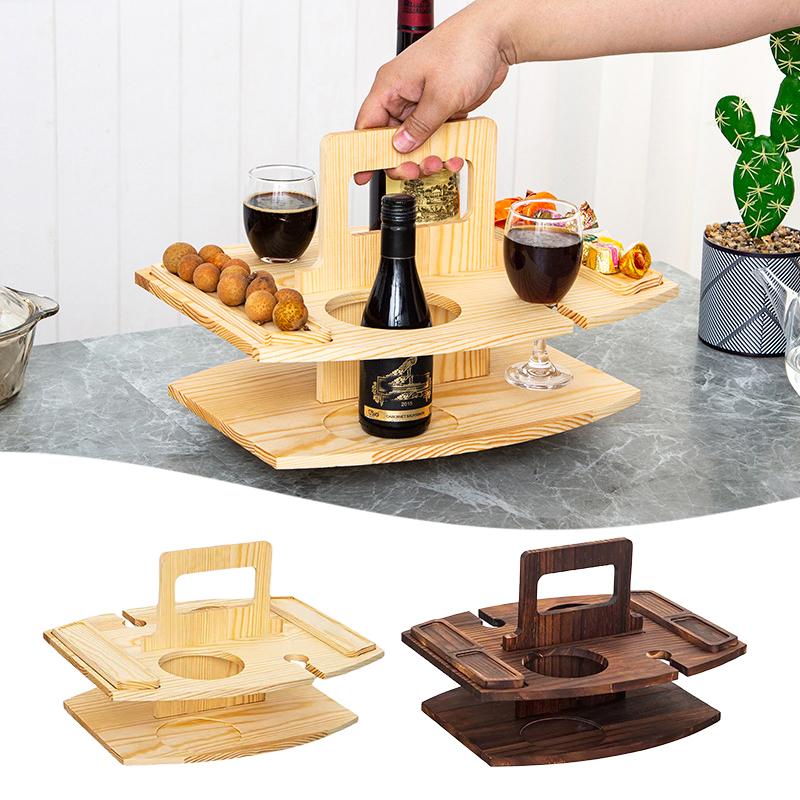 1 ks Dřevěný Lehký Ruční Přírodní Nosič na Svačinu a Nápoje Skládací Piknikový Stohovatelný Vícevrstvý Rustikální 36x31x26cm