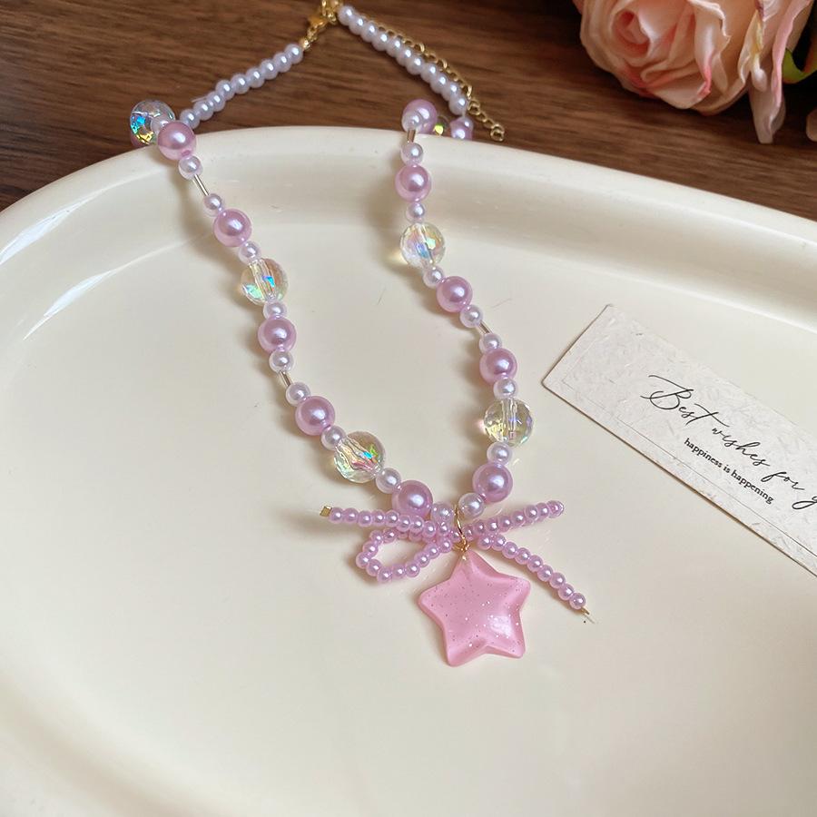 Bow Star Pearl Beaded Pendant Necklace Fresh Sweet Collarbone Chain ins Niche Neck Chain Women