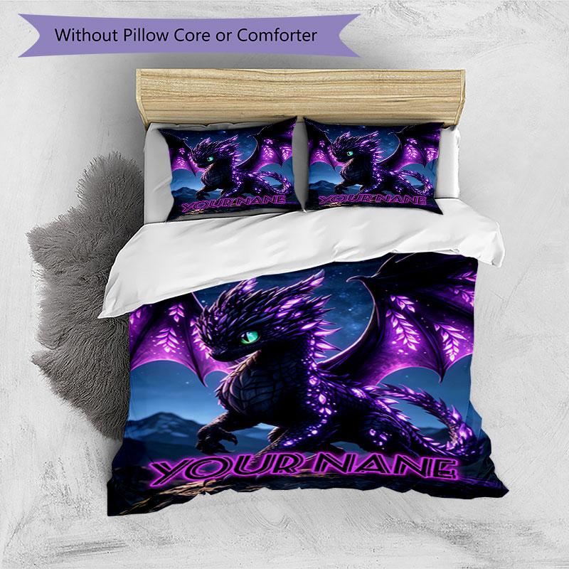 3PC Custom Name Purple Dragon Fantasy Art Bedding Set Duvet Cover Closure Includes 1 Duvet Cover & 2 Pillowcases for Bedroom