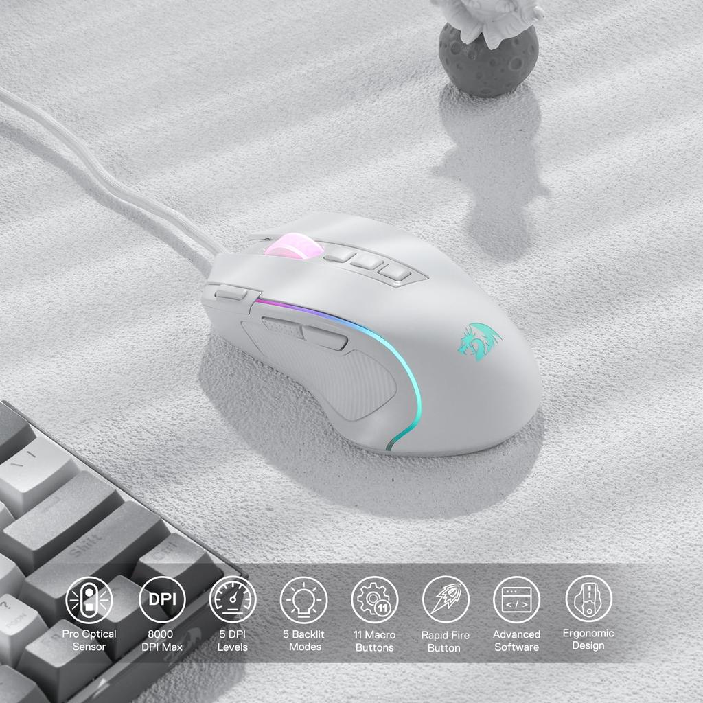 Redragon M612 Predator RGB Gaming Mouse 8000 DPI Wired Optical Mouse with 11 Programmable Buttons and 5 Backlight Modes Software DIY Keybind Rapid